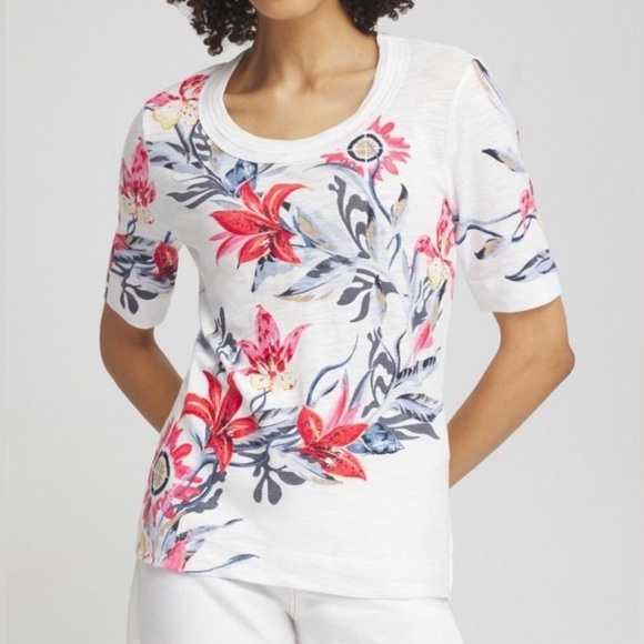 Floral Scoop Neck Tee Chico's Sz 4 20/22 - Picture 3 of 13